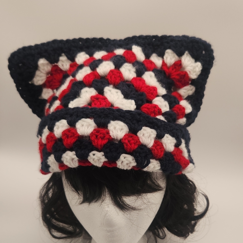 Handmade Unisex Granny Square Red White & Blue Cat Ear Beanie Patriotic Sack Hat